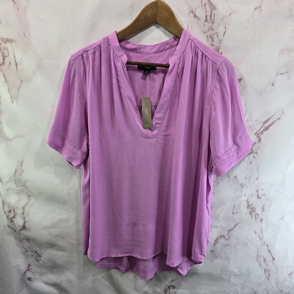 J Crew Shirt Womens Medium Purple Mauve V Notch Short Sleeve Thick Blouse